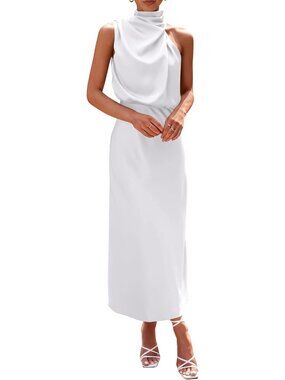 Women's Summer Dress Sleeveless White Mock Neck Cocktail Party Maxi Dresses
